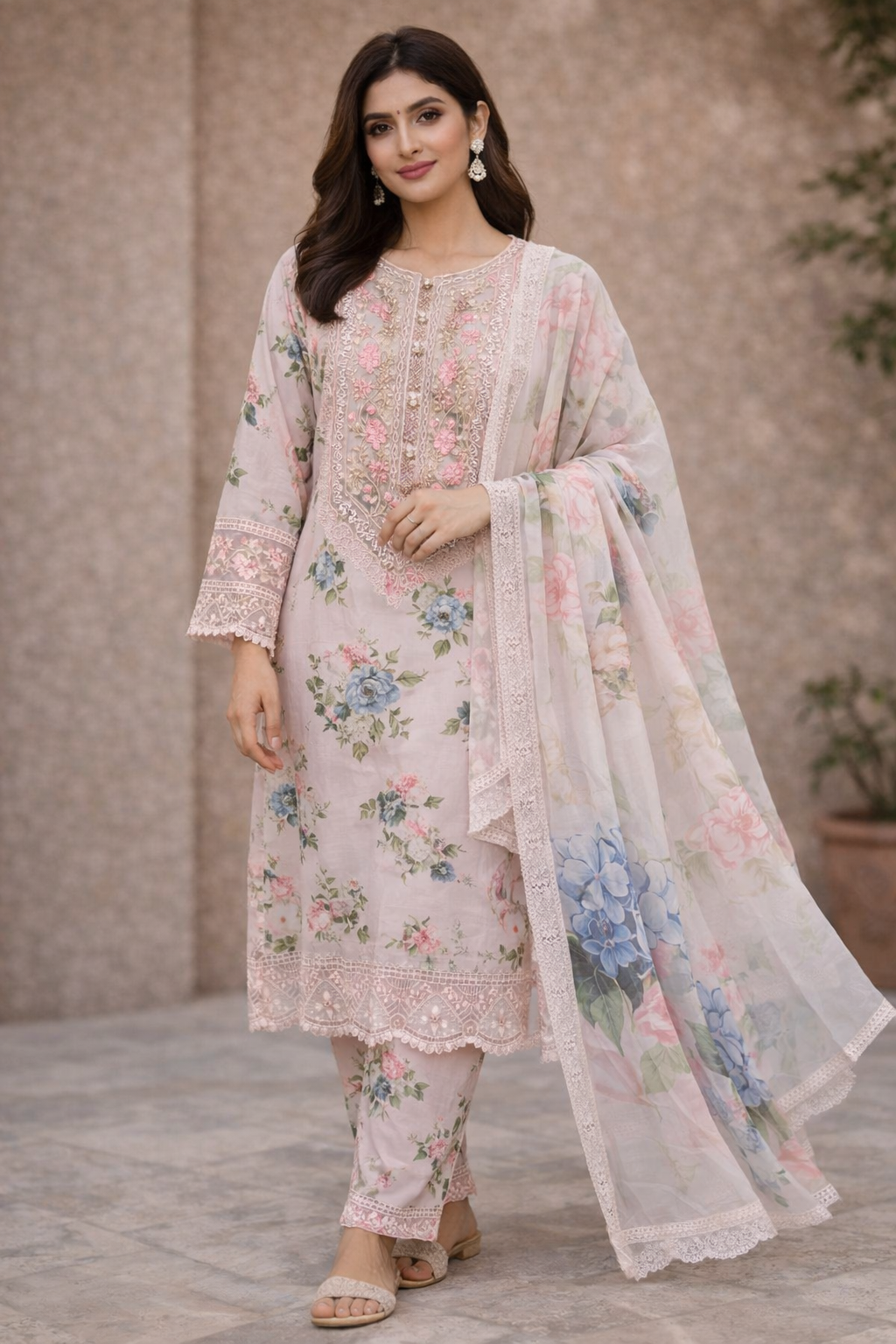 Women’s Pink Floral Printed Lawn 3 Piece Suit with Lawn Dupatta –Casual Wear Dress