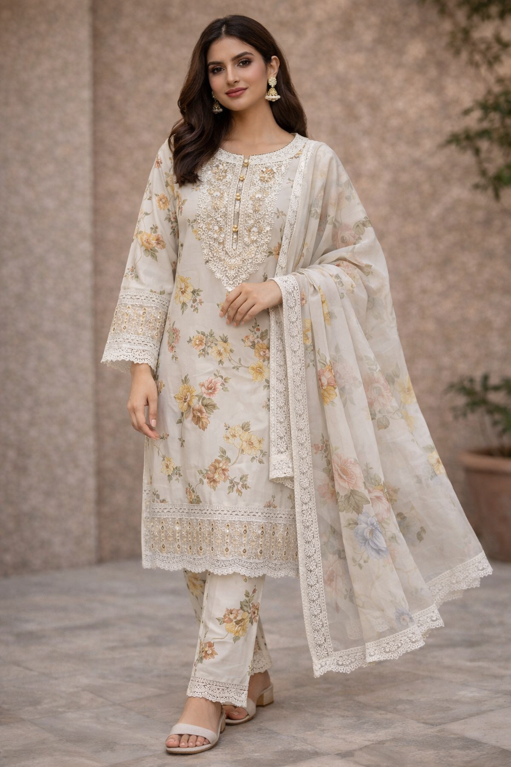 Women’s beige Floral Printed Lawn 3 Piece Suit with Lawn Dupatta –Casual Wear Dress
