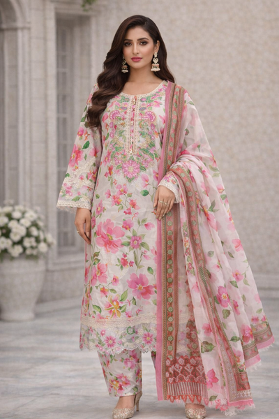 Women’s pink Floral Printed Lawn 3 Piece Suit with Lawn Dupatta –Eid Party Wear