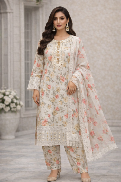 Women’s beige Floral Printed Lawn 3 Piece Suit with Lawn Dupatta –Eid Party Wear Dress