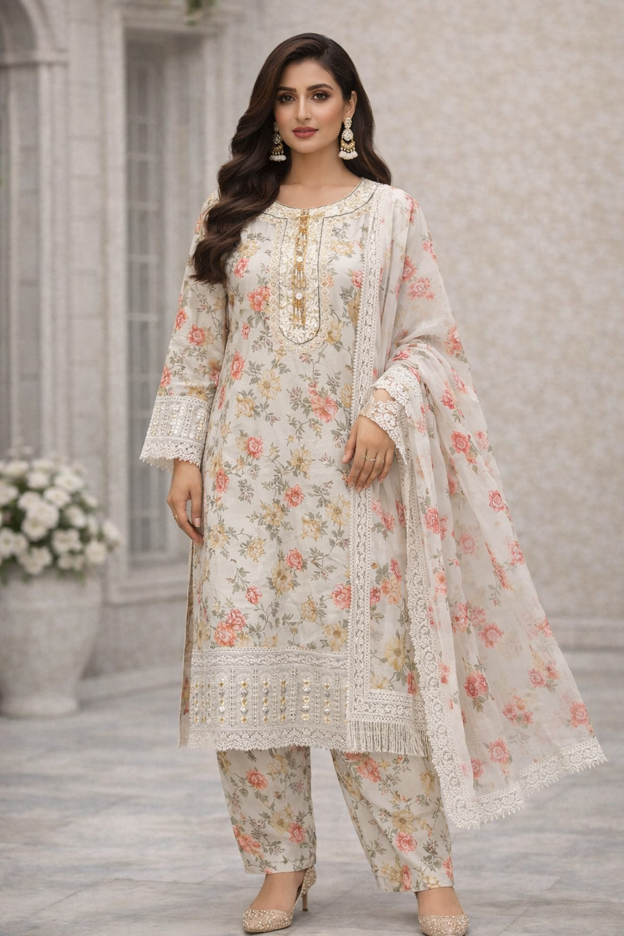 Women’s beige Floral Printed Lawn 3 Piece Suit with Lawn Dupatta –Eid Party Wear Dress