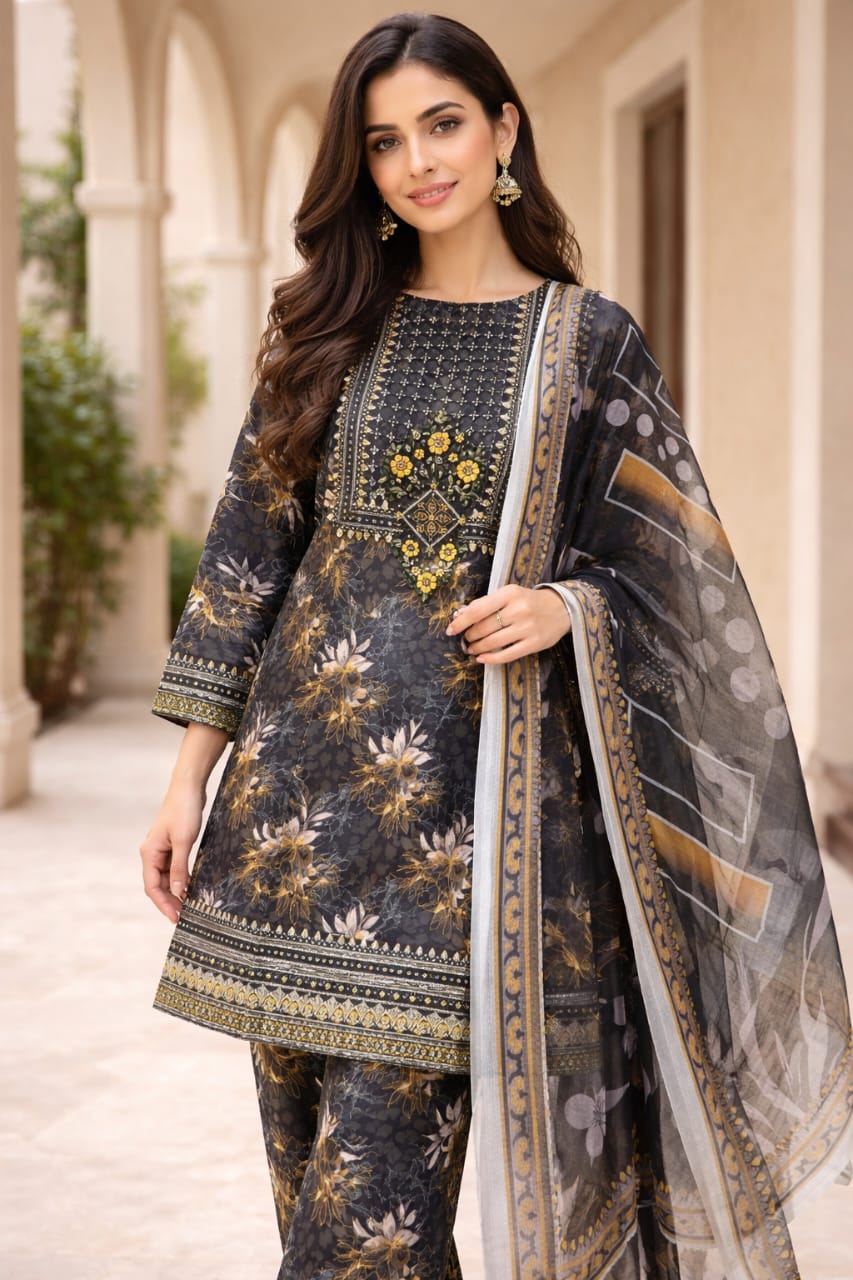 Women’s Black Floral Printed Lawn 3 Piece Suit with Lawn Dupatta –Eid Party Wear (Copy)
