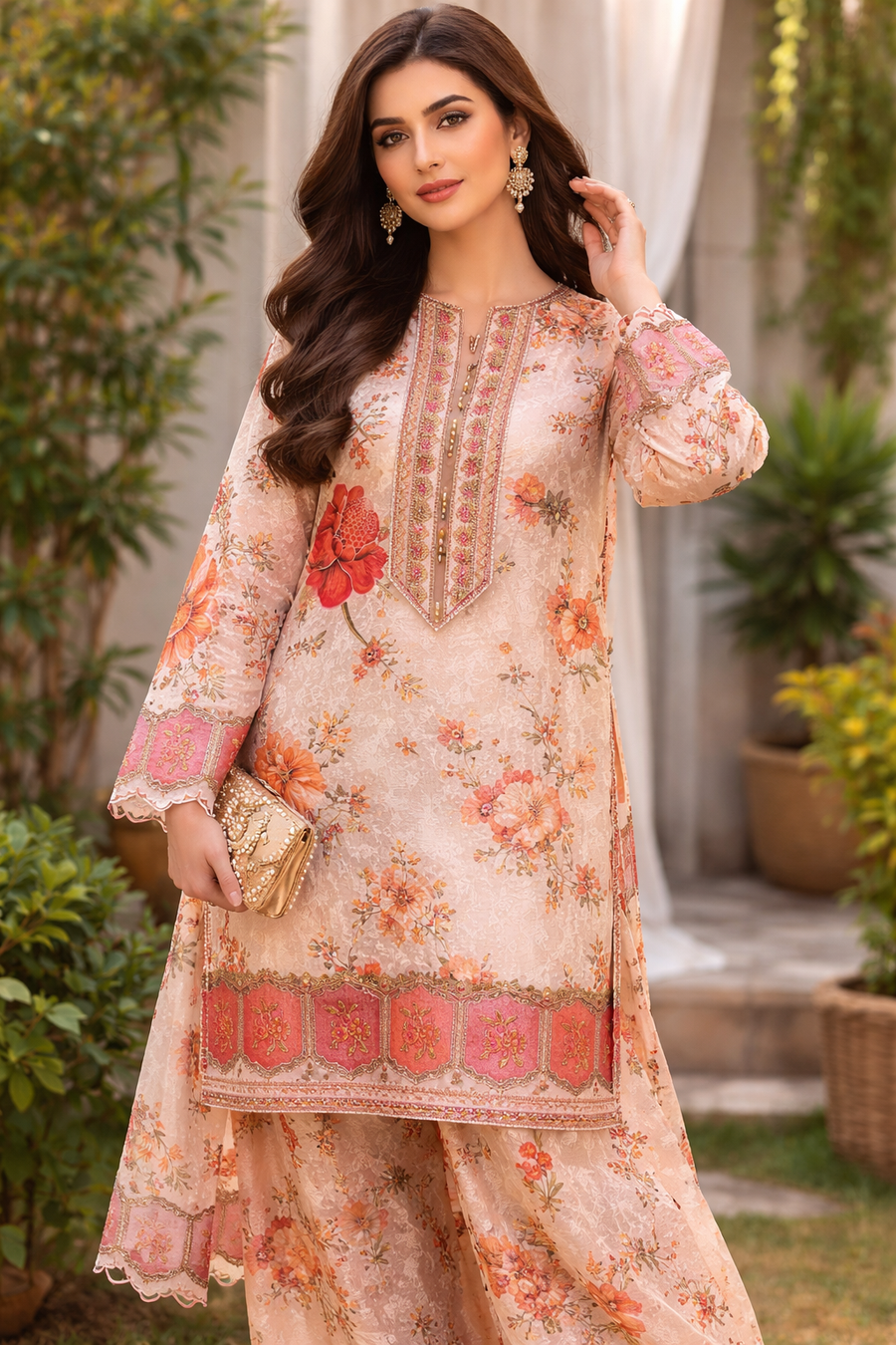 Elegant Peach Floral Embroidered 3 Piece Suit with Farshi Shalwar – Luxury Lawn Dress for Women | AnayasFashion