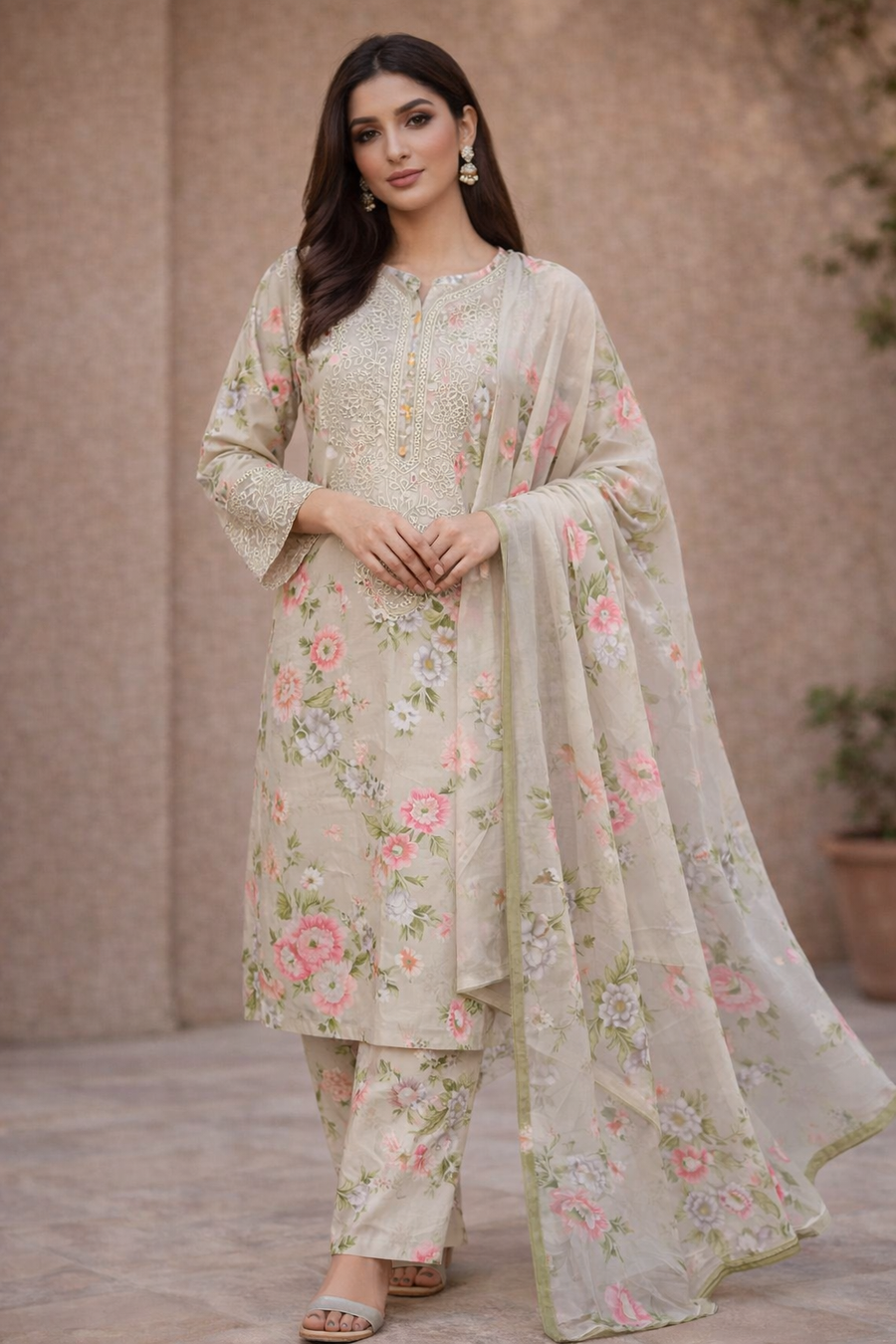 Beige Floral Printed Lawn 3 Piece Suit with Chiffon Dupatta for Women – Casual Wear Pakistani Dress