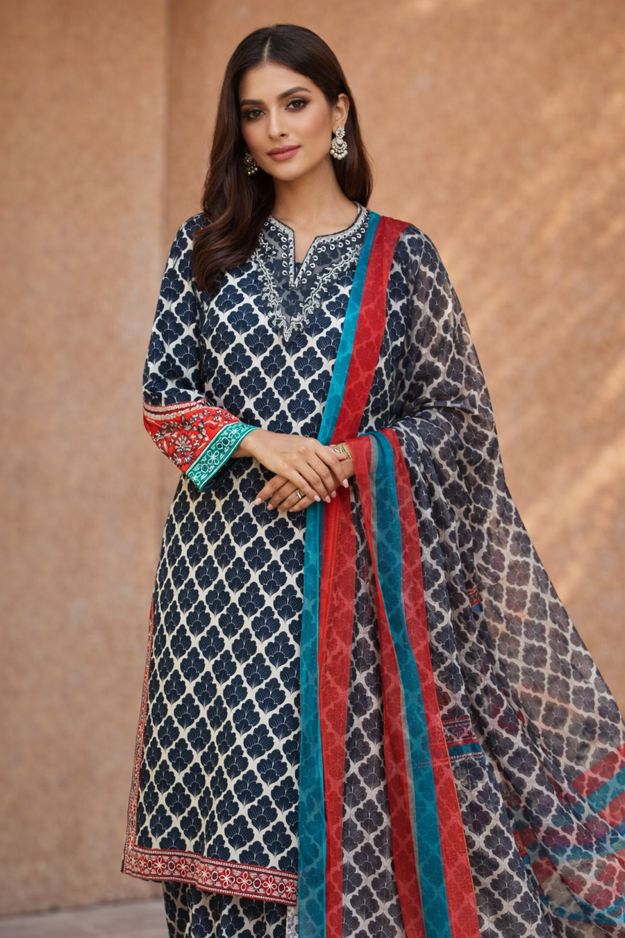 Elegant Printed 3 Piece Lawn Suit with Chiffon Dupatta for Women – black