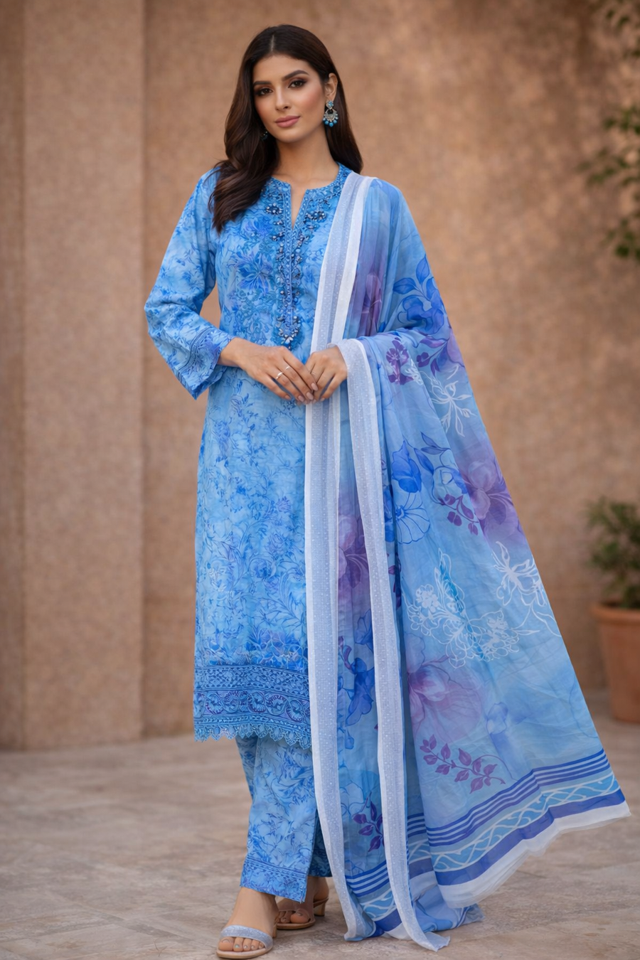 Women’s Elegant Blue Printed Lawn 3 Piece Suit with Daimond Lawn Dupatta –Eid collection