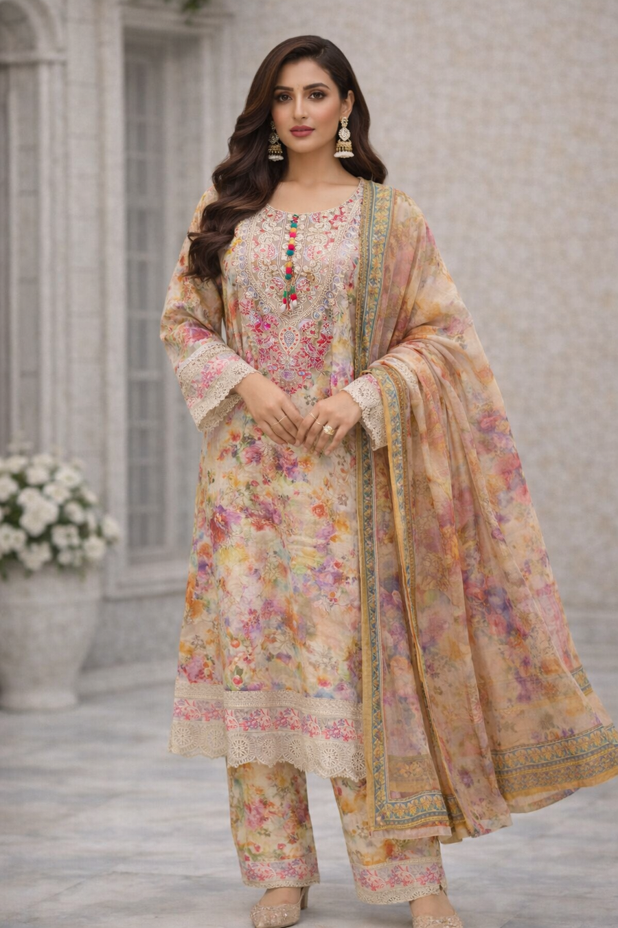 Women’s Bieg Floral Printed Lawn 3 Piece Suit with Lawn Dupatta –Eid Party Wear