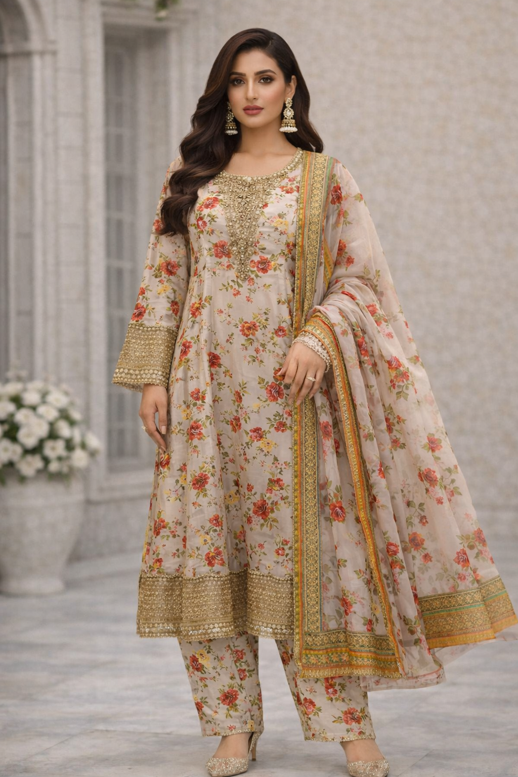 Women’s Bieg Floral Printed Lawn 3 Piece Suit with Lawn Dupatta –Eid Party Wear