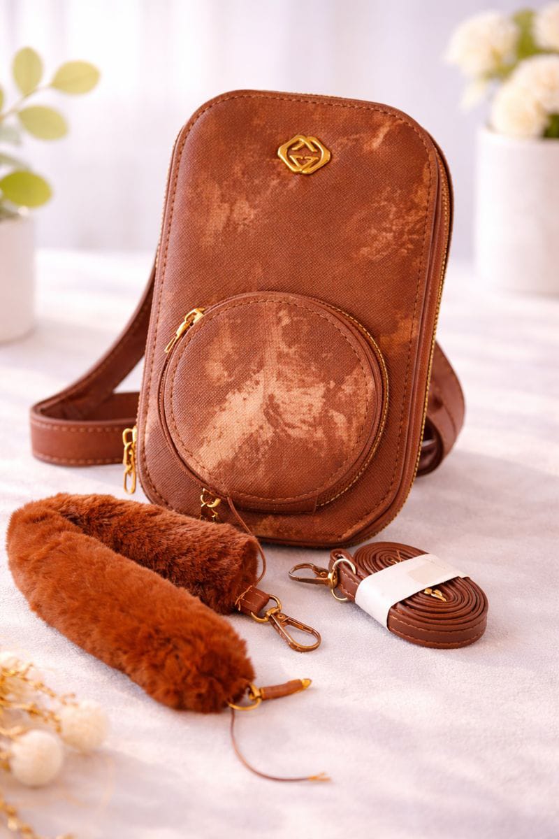 👜 Elegant Brown Textured Crossbody Bag with Gold Chain & Fur Charm – Stylish Ladies Shoulder Purse