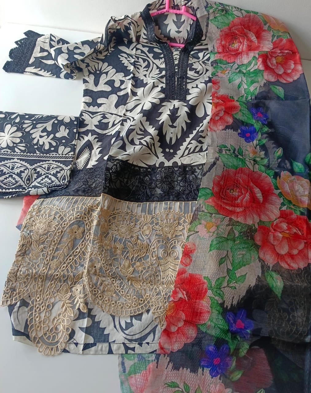 Black & Beige Embroidered 3 Piece Suit with Printed Dupatta – Luxury Pakistani Women Dress | AnayasFashion