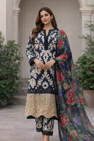 Black & Beige Embroidered 3 Piece Suit with Printed Dupatta – Luxury Pakistani Women Dress | AnayasFashion