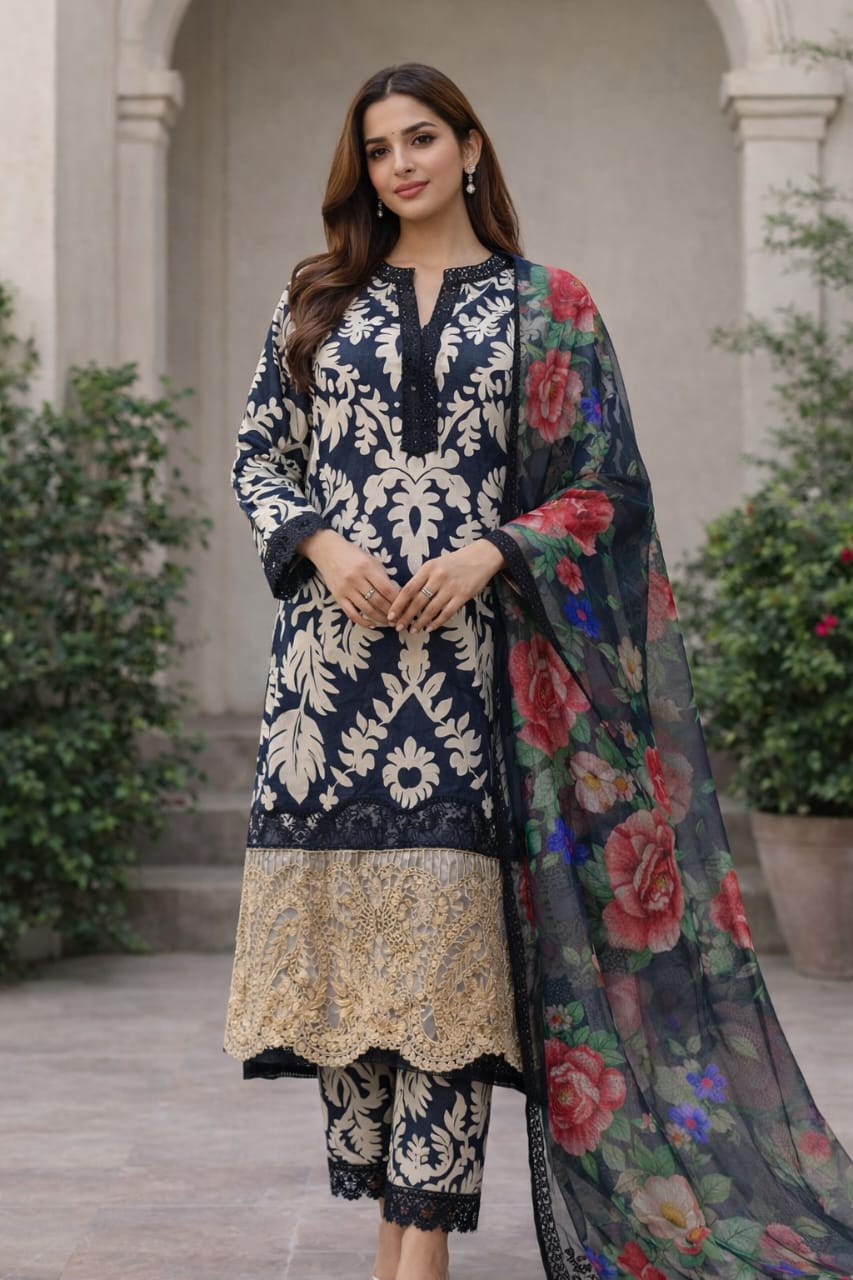 Black & Beige Embroidered 3 Piece Suit with Printed Dupatta – Luxury Pakistani Women Dress | AnayasFashion