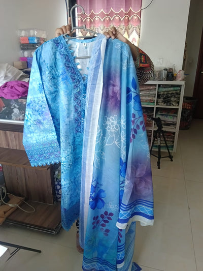 Women’s Elegant Blue Printed Lawn 3 Piece Suit with Daimond Lawn Dupatta –Eid collection