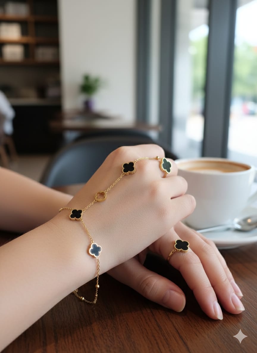 Gold Clover Hand Bracelet with Ring Chain Design | Elegant Women’s Jewelry