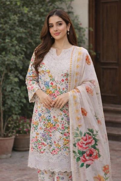 Women’s Bieg Floral Printed Lawn 3 Piece Suit with Lawn Dupatta –Eid Party Wear