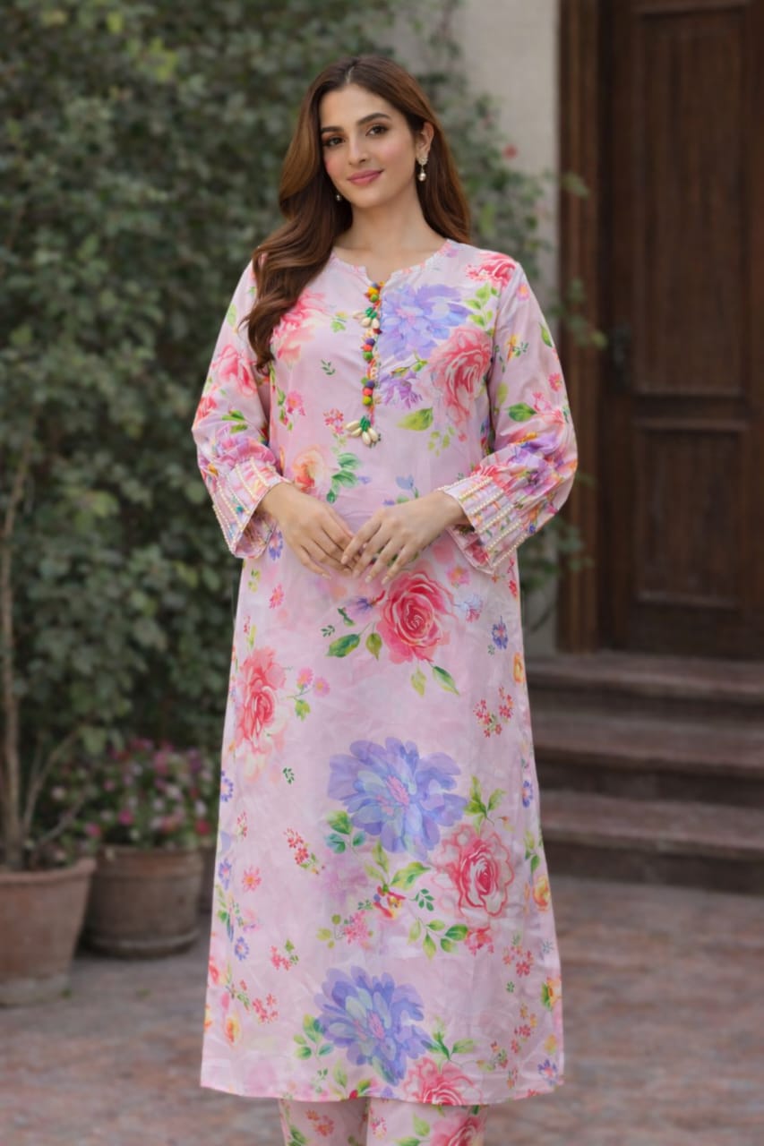 Pink Floral Lawn 2 Piece Suit for Women – Summer Printed Lawn Dress with Trouser | Anyafashio