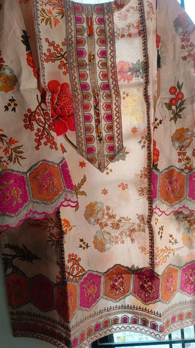 Elegant Peach Floral Embroidered 3 Piece Suit with Farshi Shalwar – Luxury Lawn Dress for Women | AnayasFashion