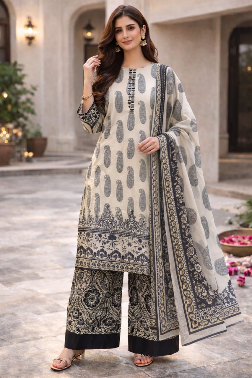 Women’s Black Floral Printed Lawn 3 Piece Suit with Lawn Dupatta –Eid Party Wear